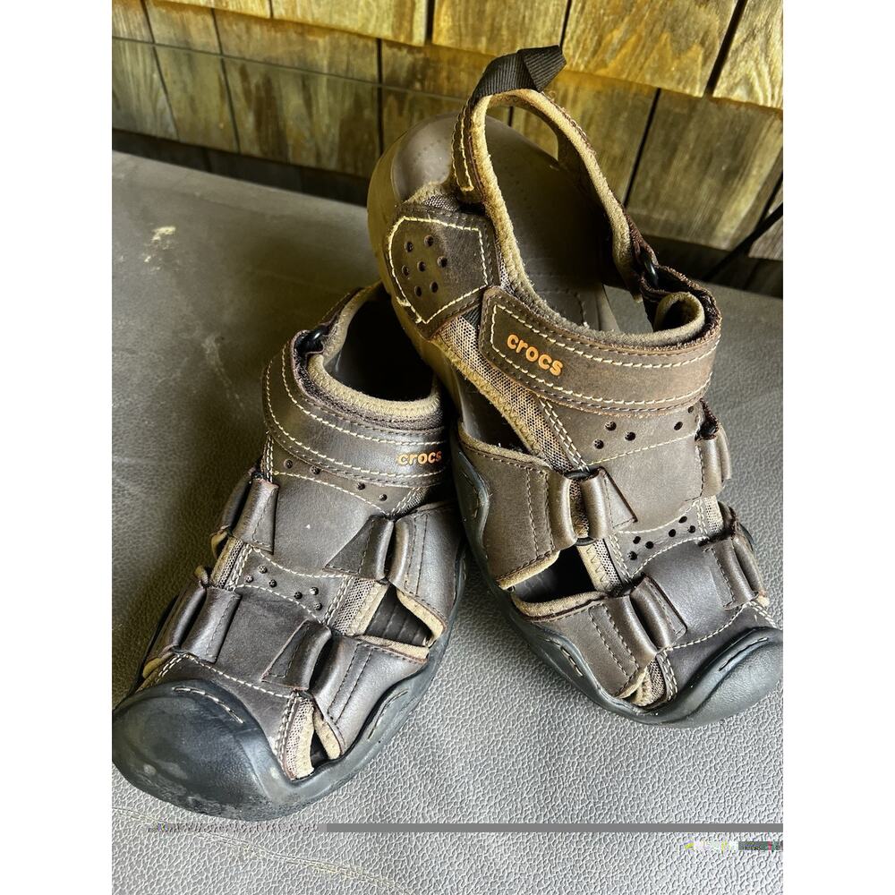 Crocs Swiftwater Mens Size 10 M10 Brown Leather Outdoor Fisherman Sandals 204562 - Picture 8 of 11